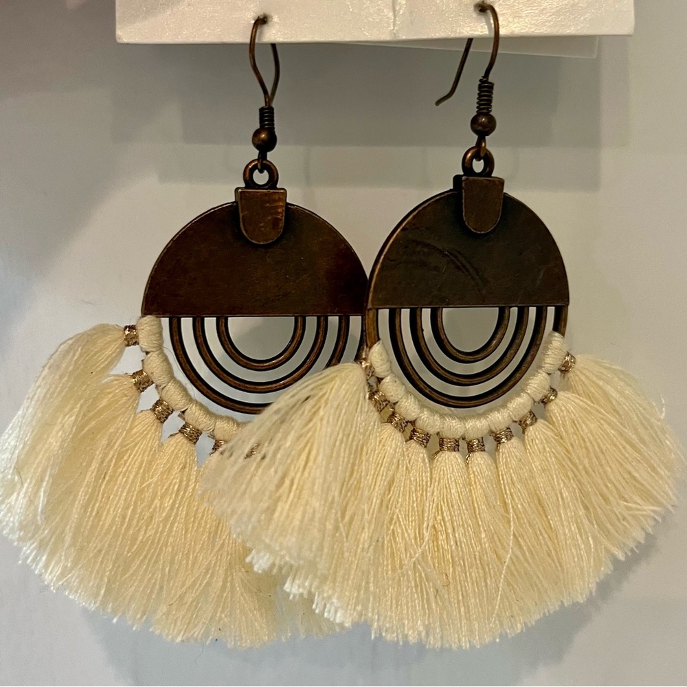 Bohemian Tassel Drop Earrings- Soft Cream Fringe